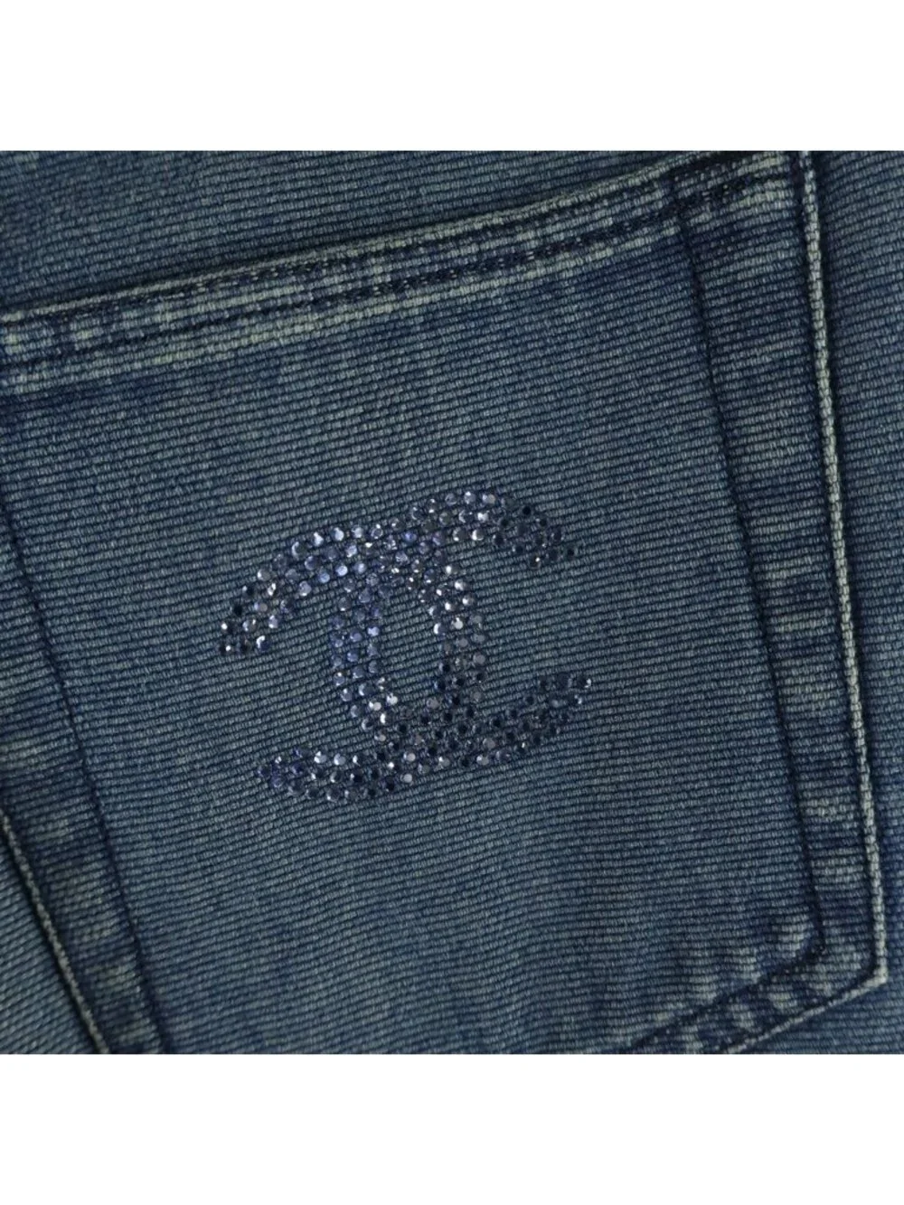 Chanel Crystal CC Logo Wide Denim Pants CC Flare Indigo